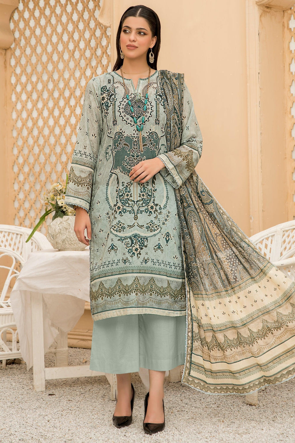 3 Piece Unstitched Pistachio Green Lawn - Jacquard Clothing