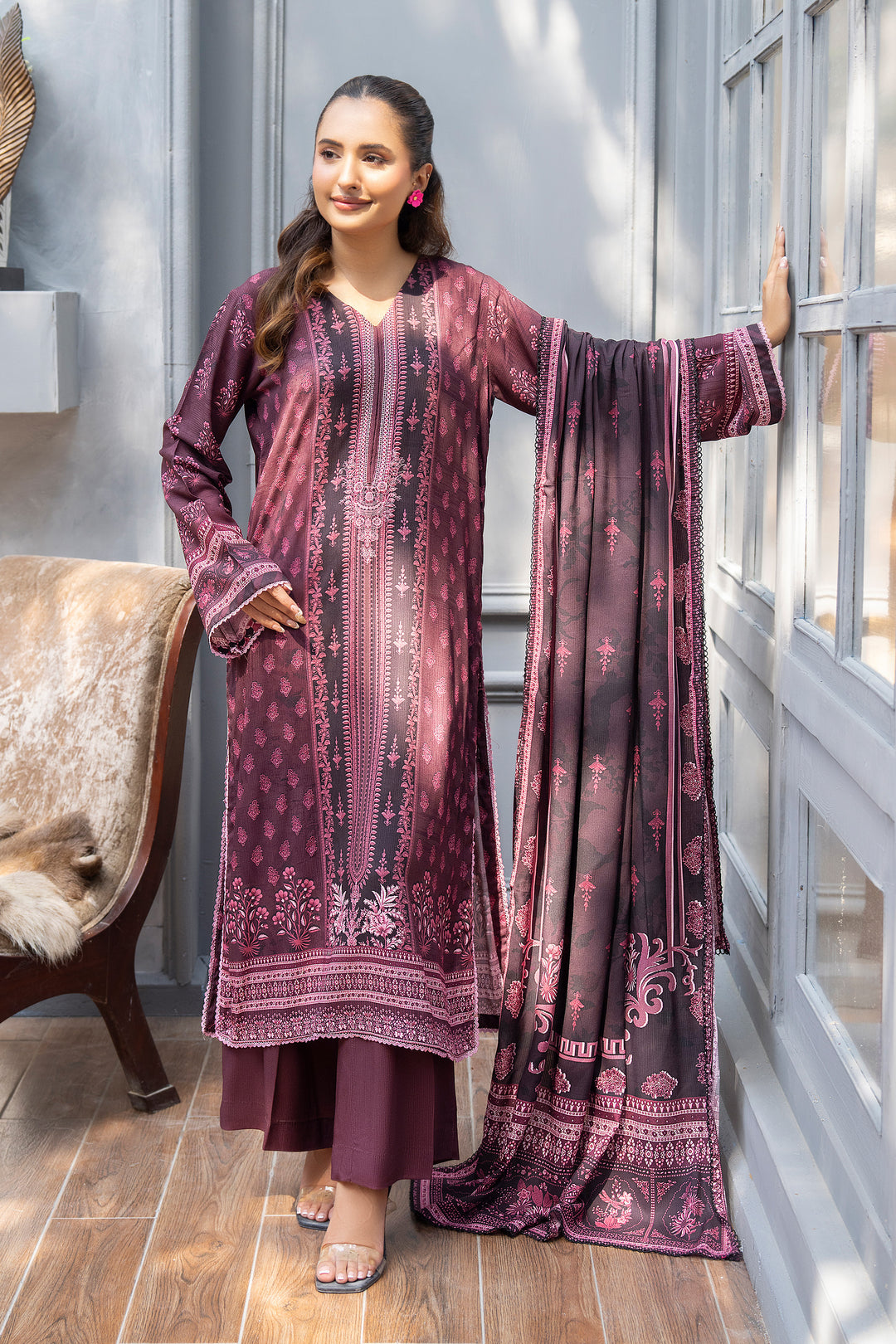 3 Piece Unstitched Plum Premium Linen - W25CF1V4-S5 - JACQUARD CLOTHING