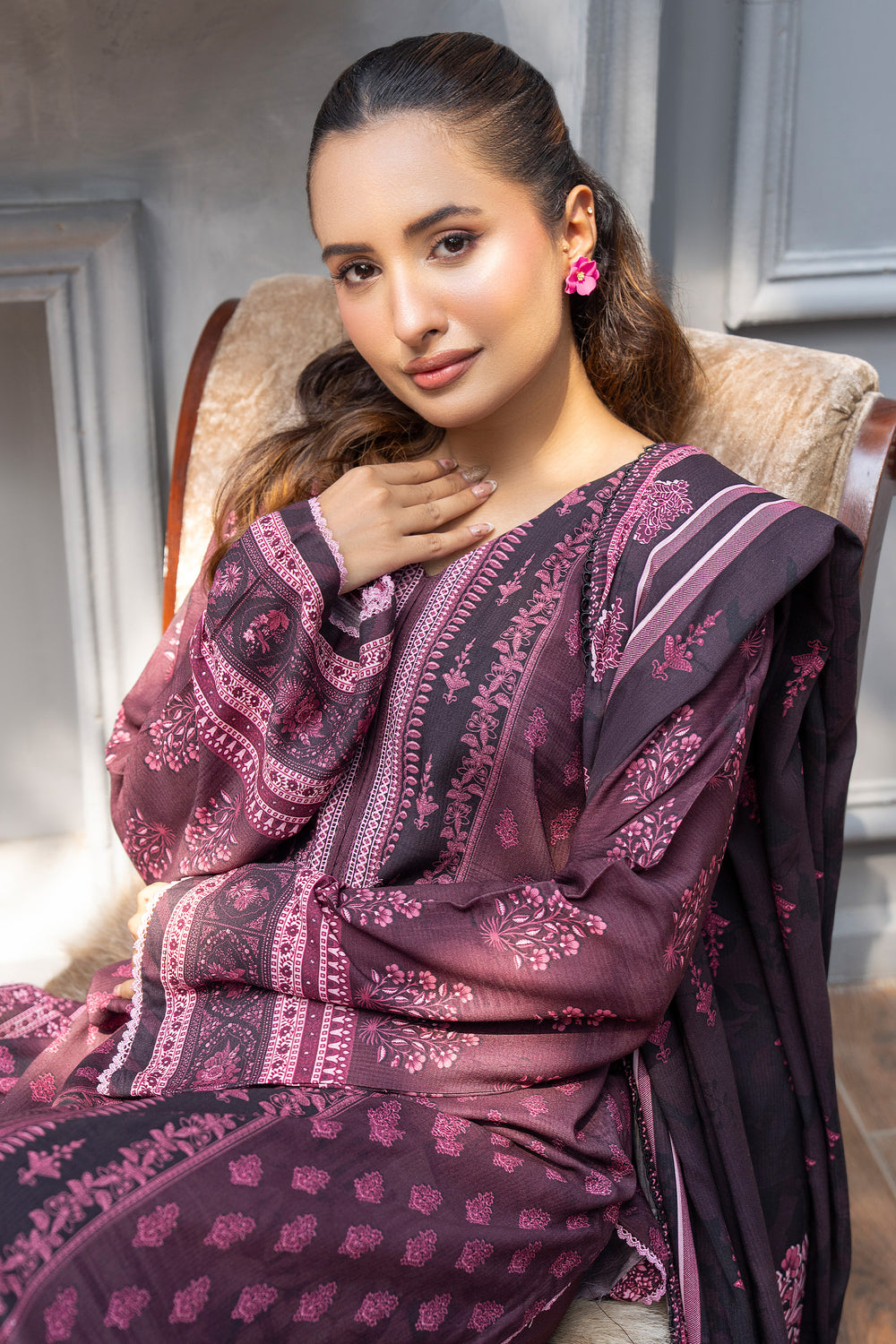 3 Piece Unstitched Plum Premium Linen - W25CF1V4-S5 - JACQUARD CLOTHING