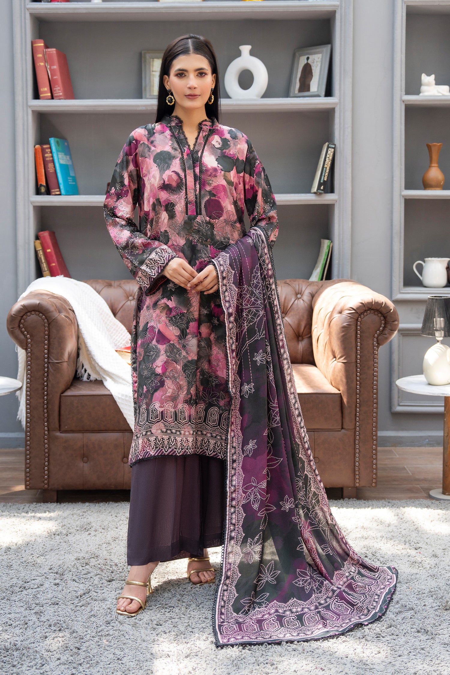 3 Piece Unstitched Plum Premium Linen - W25CF1V4-S2 - JACQUARD CLOTHING