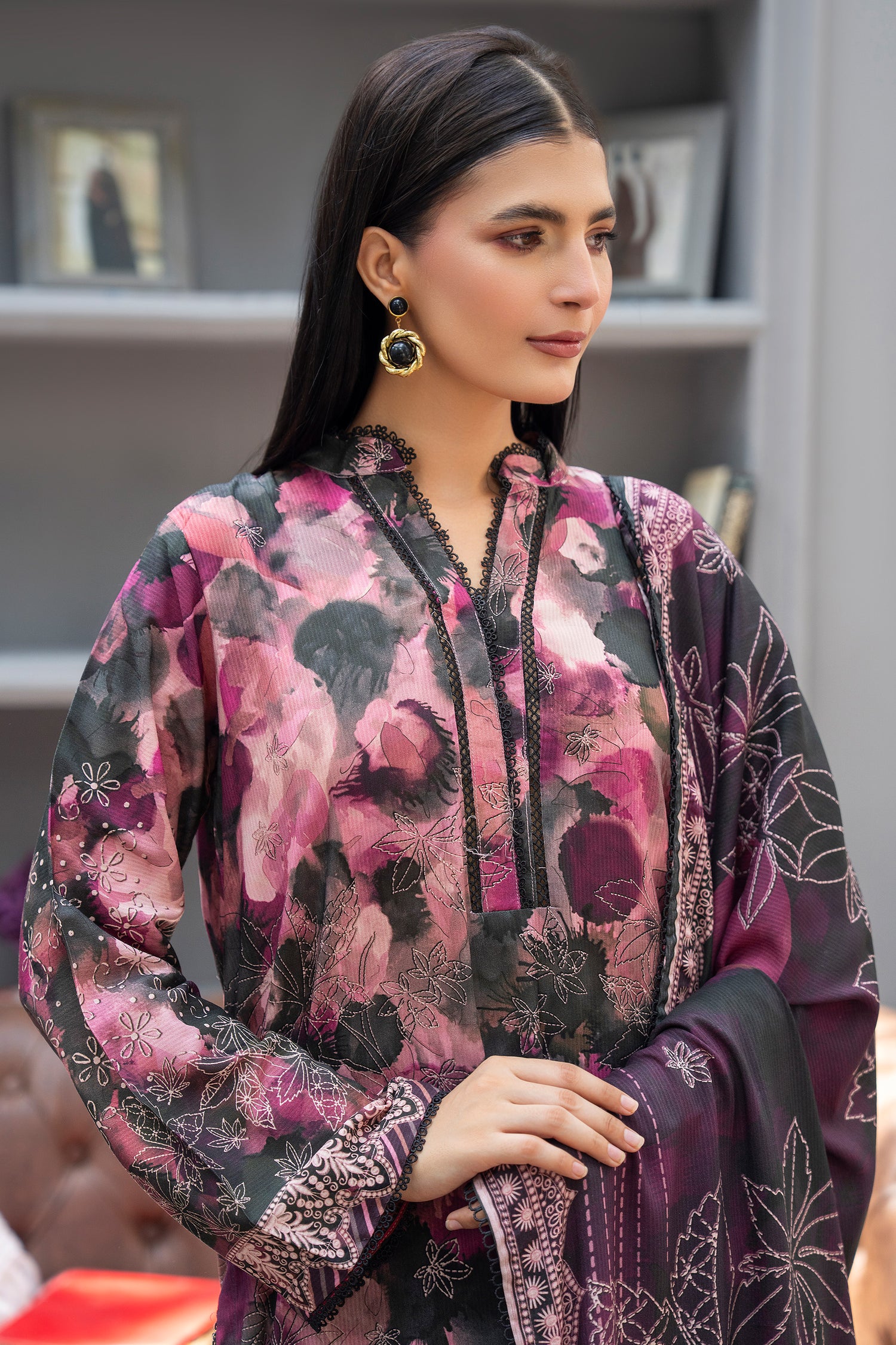 3 Piece Unstitched Plum Premium Linen - W25CF1V4-S2 - JACQUARD CLOTHING