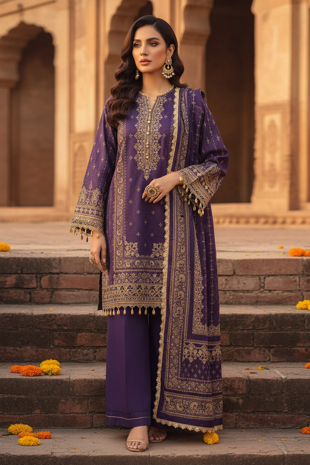 3 Piece Unstitched Purple Premium Printed Lawn