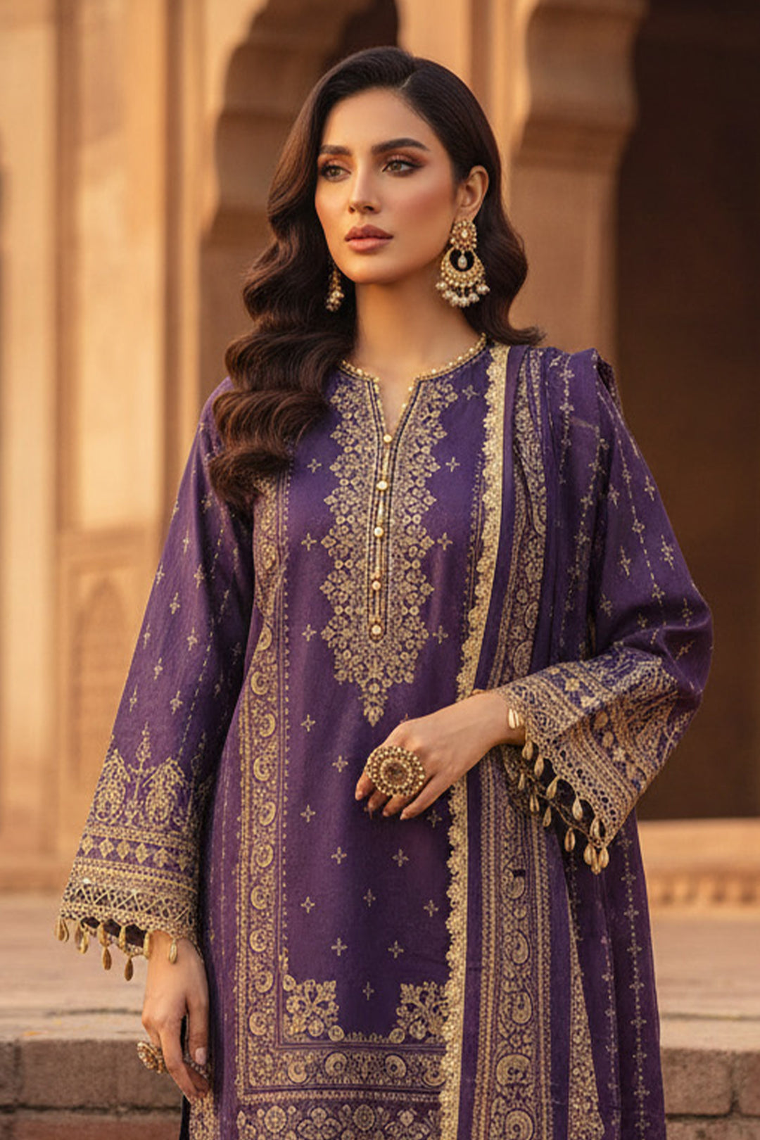 3 Piece Unstitched Purple Premium Printed Lawn