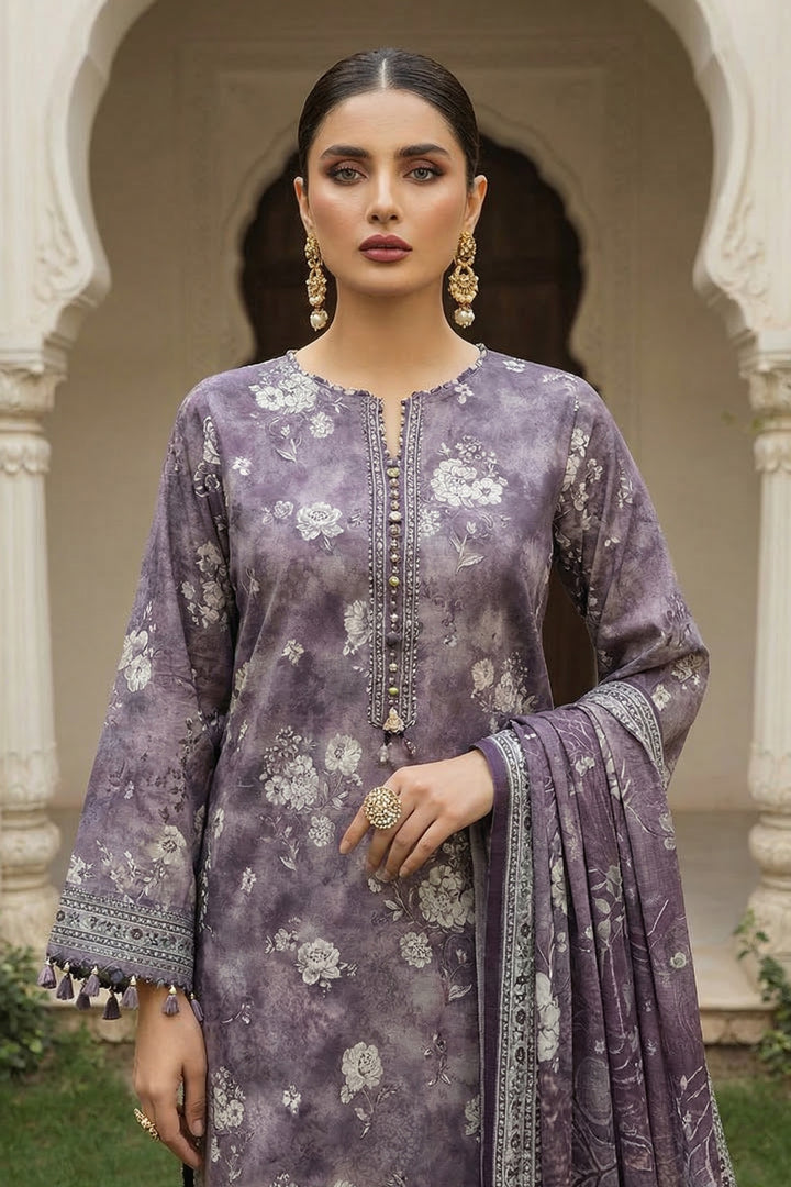 3 Piece Unstitched Purple Taupe Premium Printed Lawn Suit By Jacquard Clothing Summer 2026 Collection