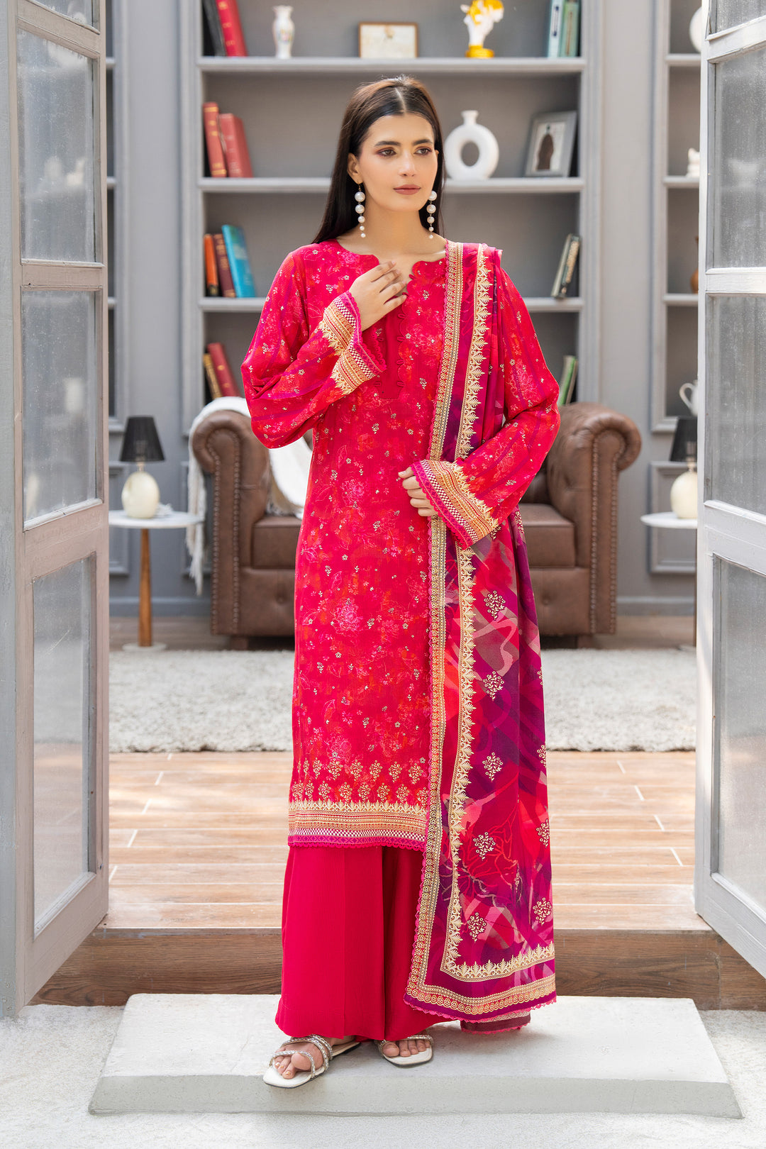 3 Piece Unstitched Raspberry Pink Printed Linen - W25CF1V2-S7 - JACQUARD CLOTHING