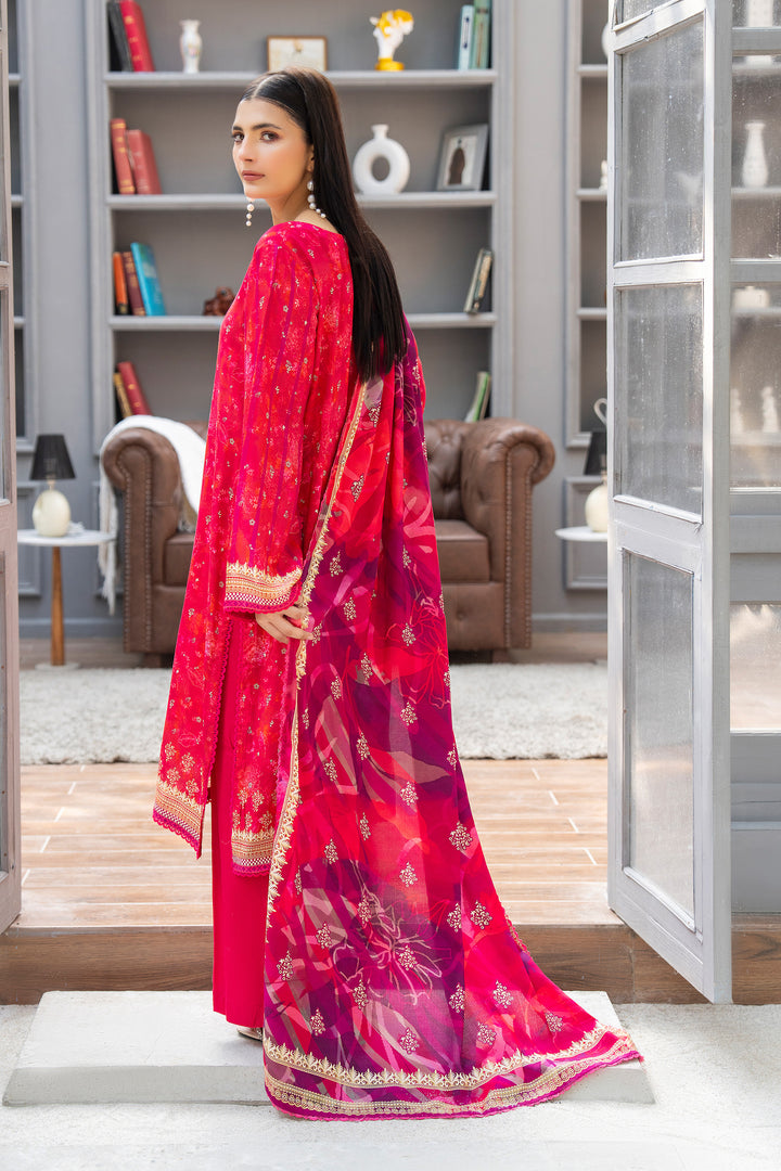 3 Piece Unstitched Raspberry Pink Printed Linen - W25CF1V2-S7 - JACQUARD CLOTHING