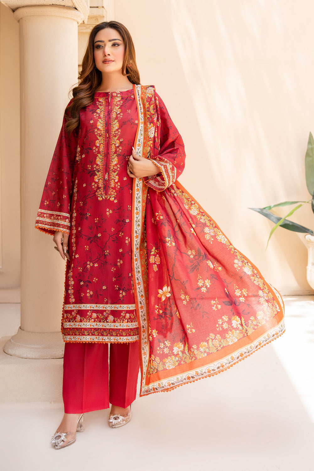3 Piece Unstitched Red Lawn - SU25V19-S7 - JACQUARD CLOTHING