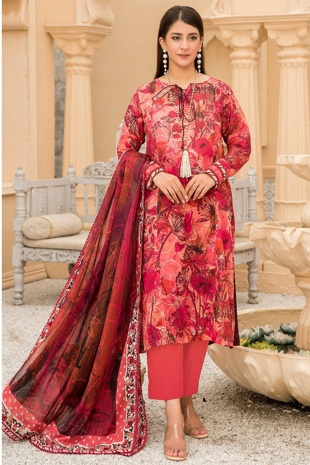 3 Piece Unstitched Red Lawn - Jacquard Clothing