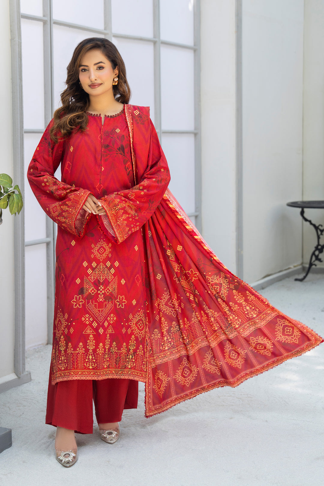 3 Piece Unstitched Red Printed Linen - W25CF1V2-S9 - Jacquard Clothing