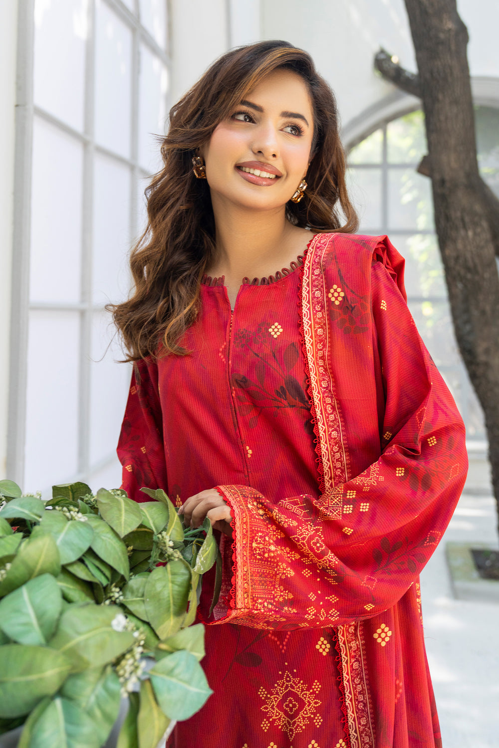 3 Piece Unstitched Red Printed Linen - W25CF1V2-S9 - Jacquard Clothing