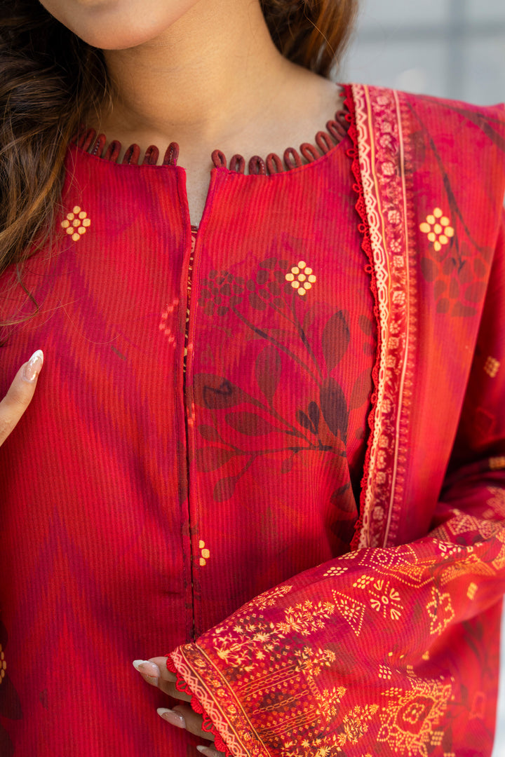 3 Piece Unstitched Red Printed Linen - W25CF1V2-S9 - Jacquard Clothing