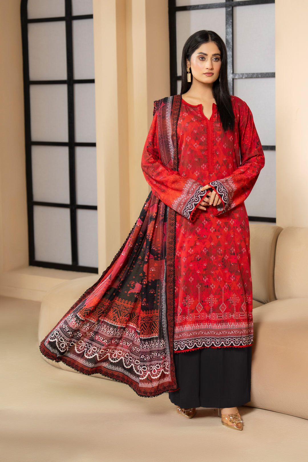 3 Piece Unstitched Red Printed Linen - W25CF1V1-S9 - JACQUARD CLOTHING