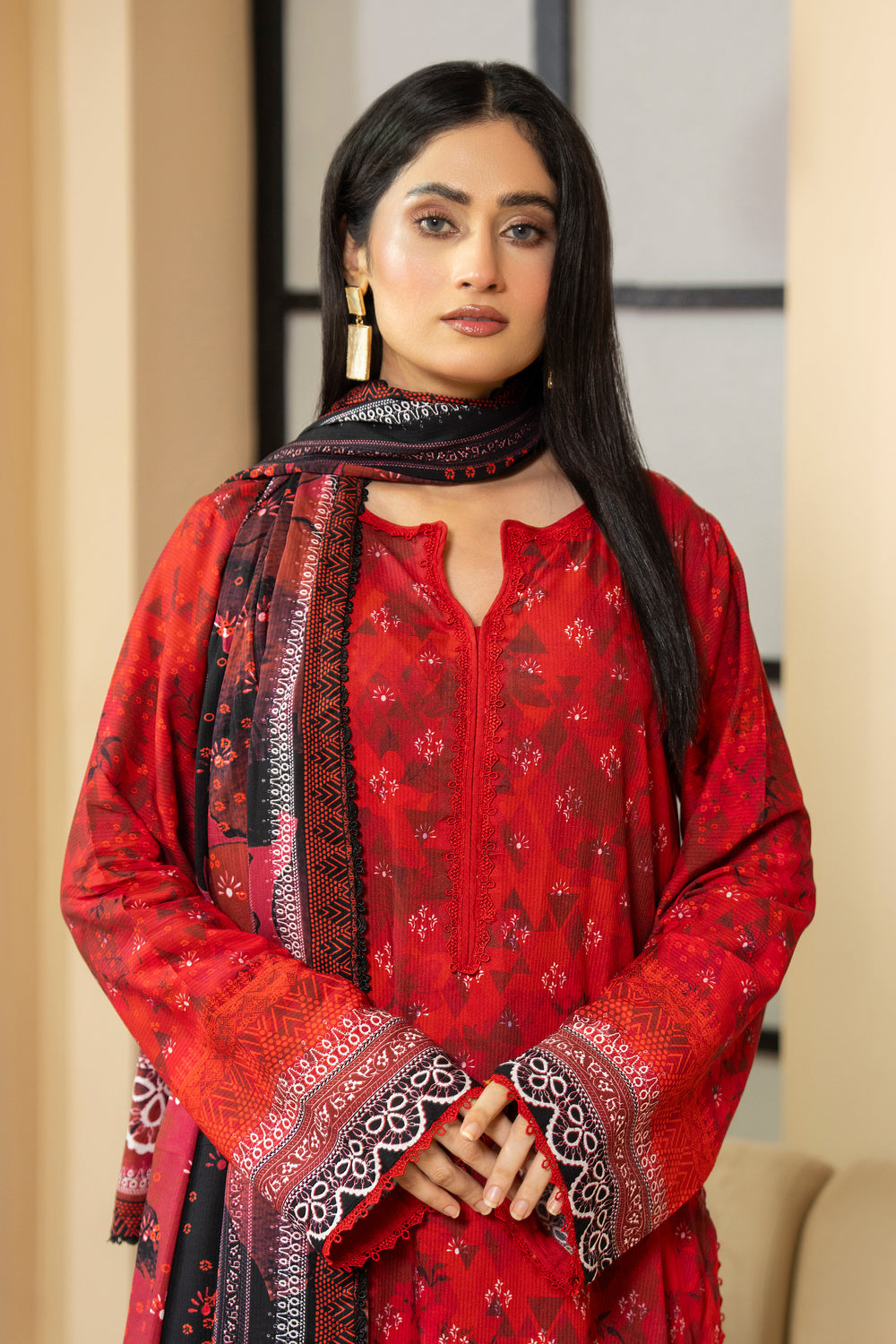 3 Piece Unstitched Red Printed Linen - W25CF1V1-S9 - JACQUARD CLOTHING