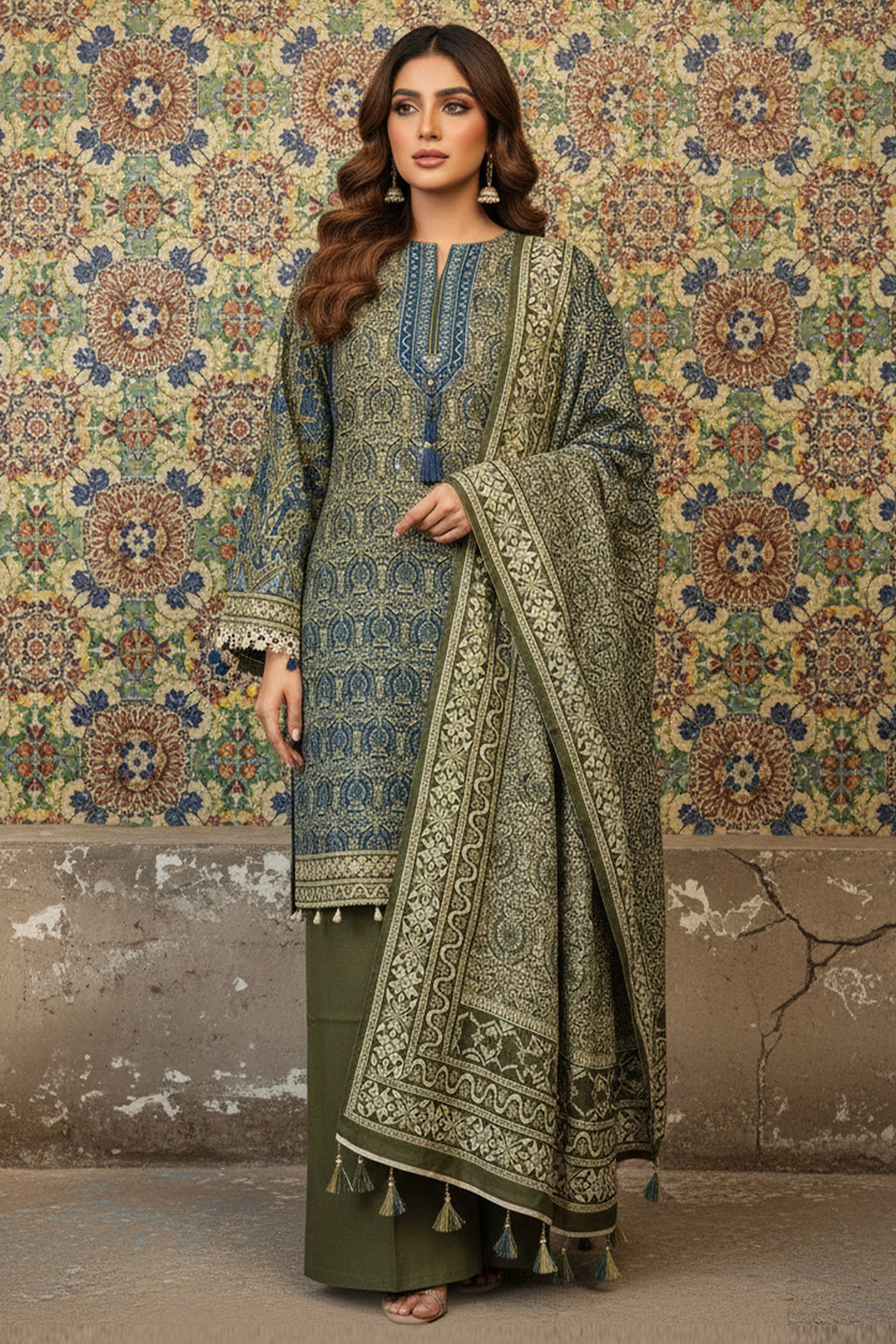 3 Piece Unstitched Rifle Green Premium Printed Lawn