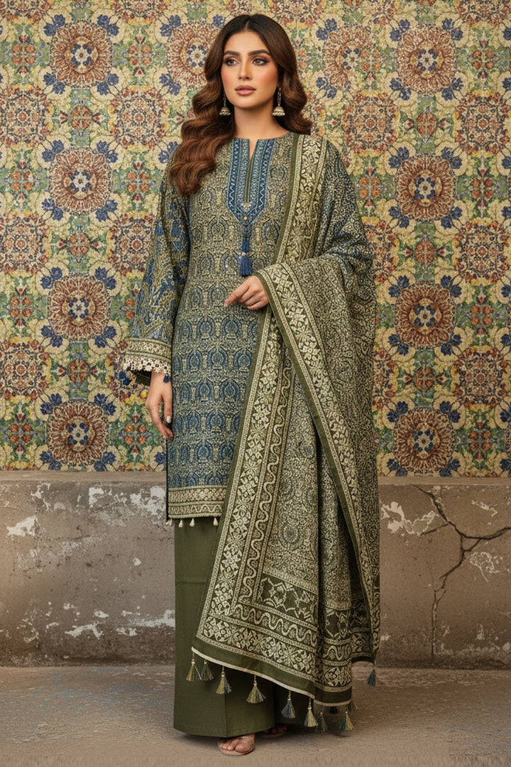 3 Piece Unstitched Rifle Green Premium Printed Lawn