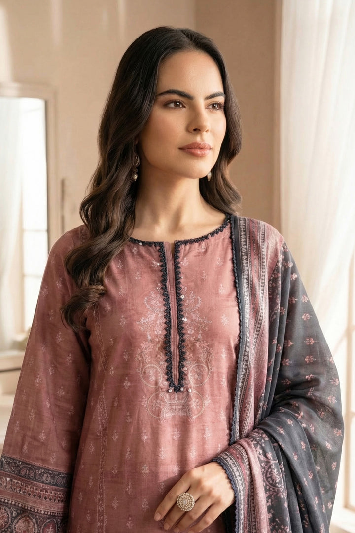 3 Piece Unstitched Rose Taupe Premium Printed Lawn Suit - Jacquard Soha Afreen Summer 2026 Collection