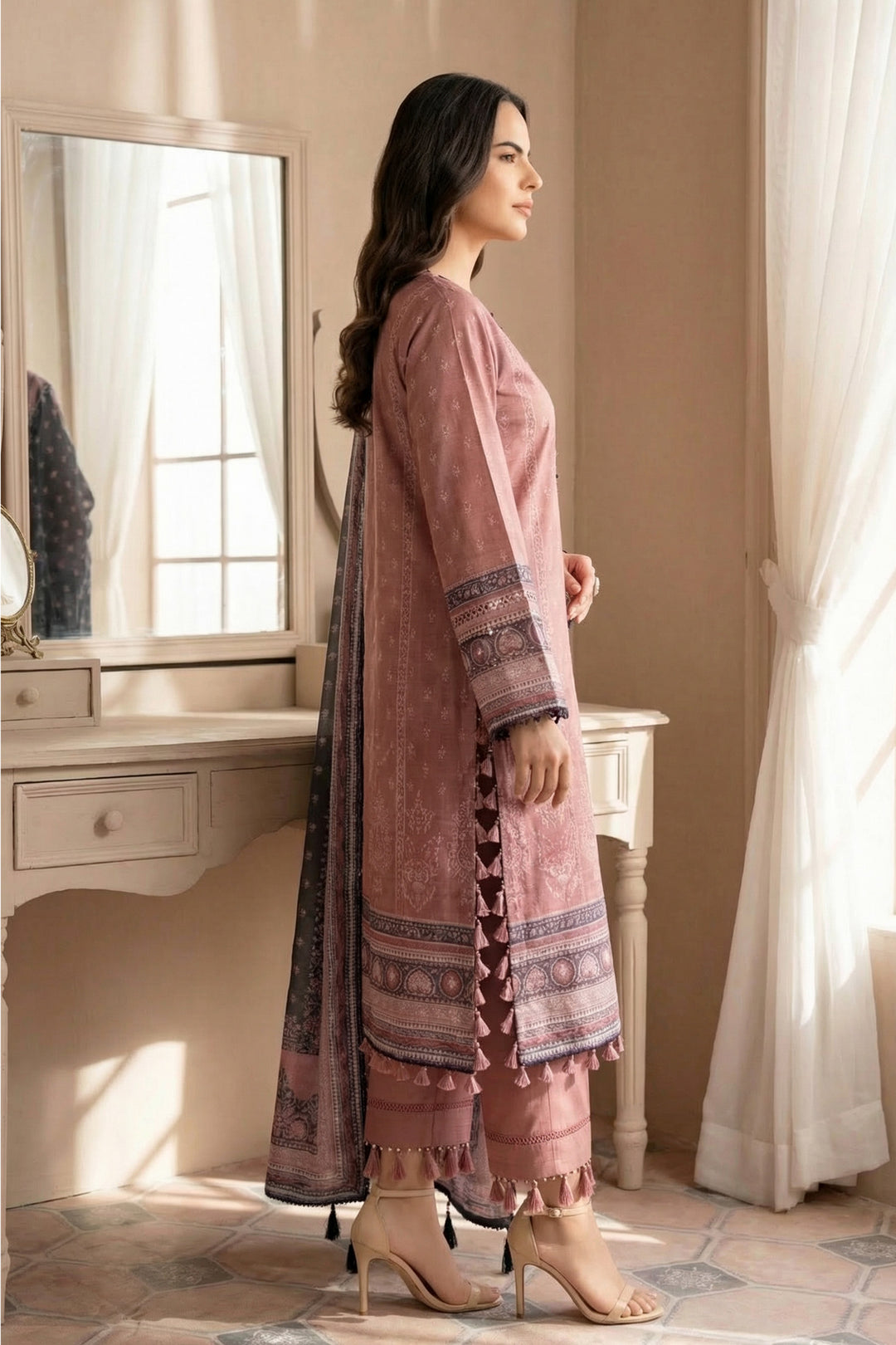 3 Piece Unstitched Rose Taupe Premium Printed Lawn Suit - Jacquard Soha Afreen Summer 2026 Collection