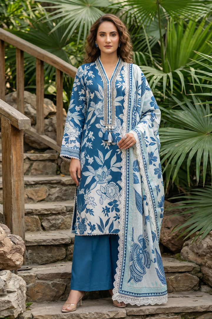 3 Piece Unstitched Sea Blue Premium Printed Lawn