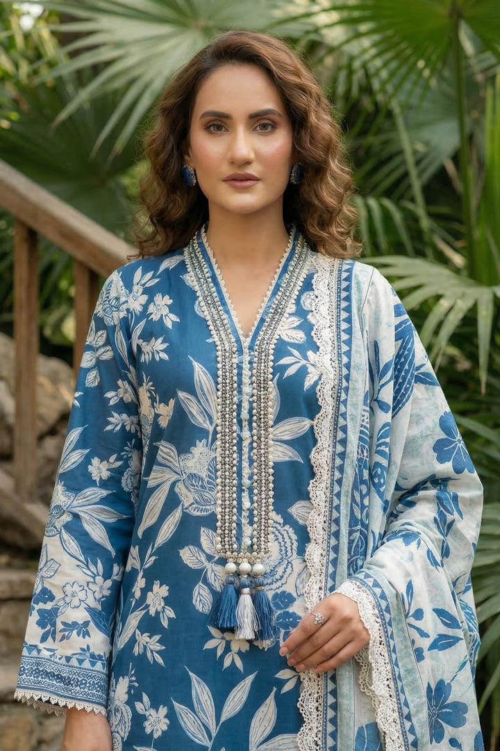 3 Piece Unstitched Sea Blue Premium Printed Lawn