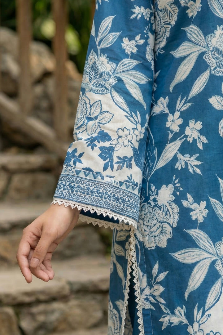 3 Piece Unstitched Sea Blue Premium Printed Lawn