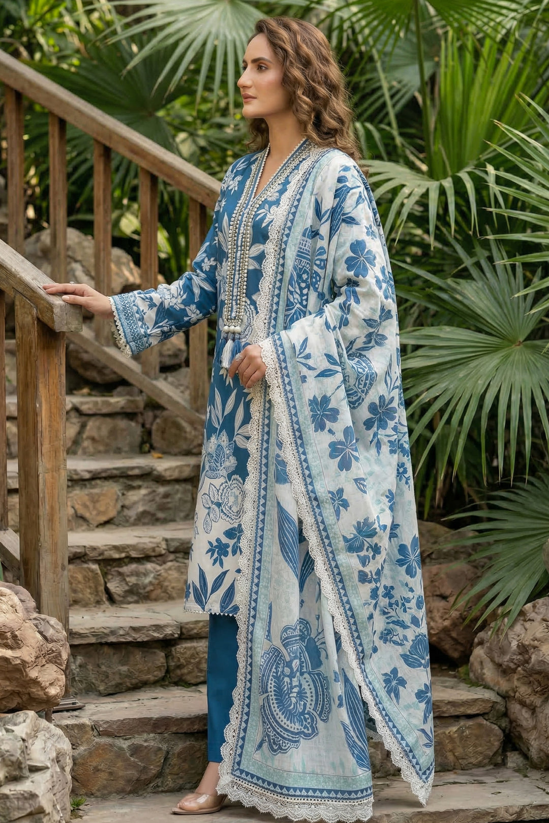 3 Piece Unstitched Sea Blue Premium Printed Lawn
