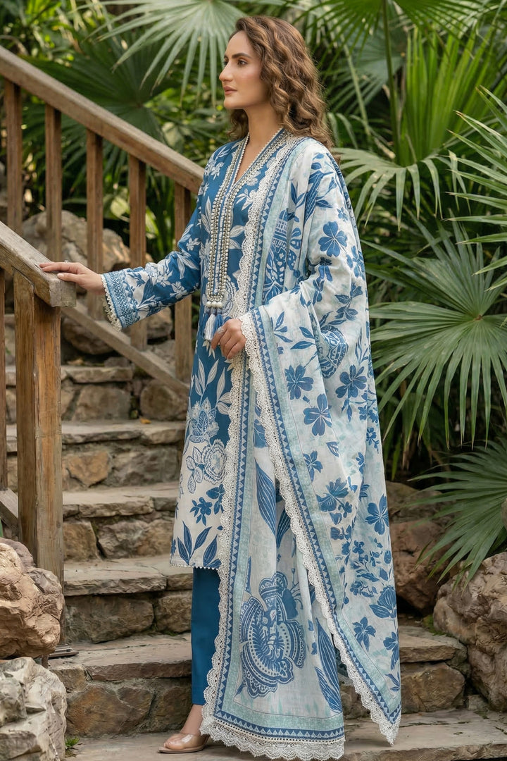 3 Piece Unstitched Sea Blue Premium Printed Lawn