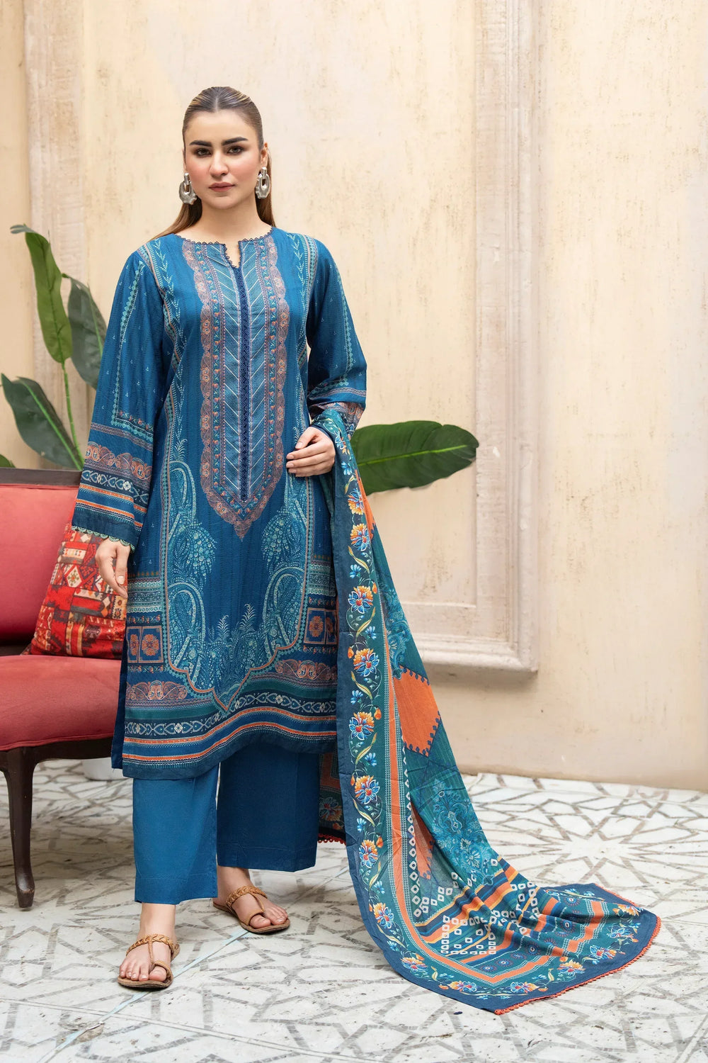 3 Piece Unstitched Sea Blue Premium Printed Lawn - Jacquard Clothing