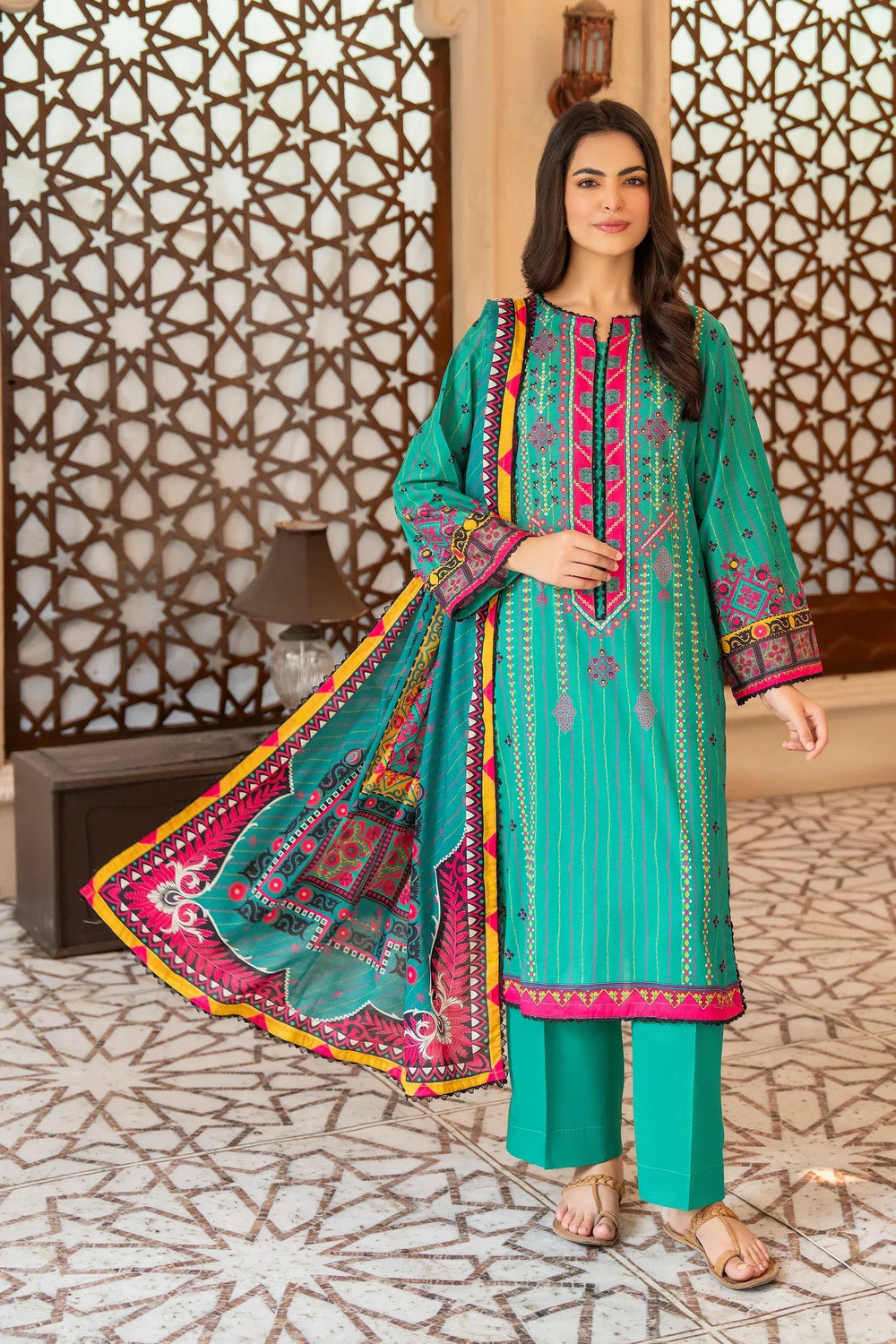 3 Piece Unstitched Sea Green Premium Printed Lawn - Jacquard Clothing
