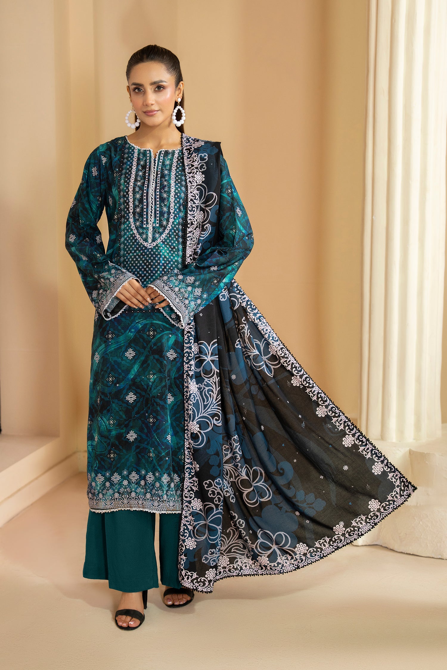 3 Piece Unstitched Sea Green Printed Linen - W25CF1V1-S1 - JACQUARD CLOTHING