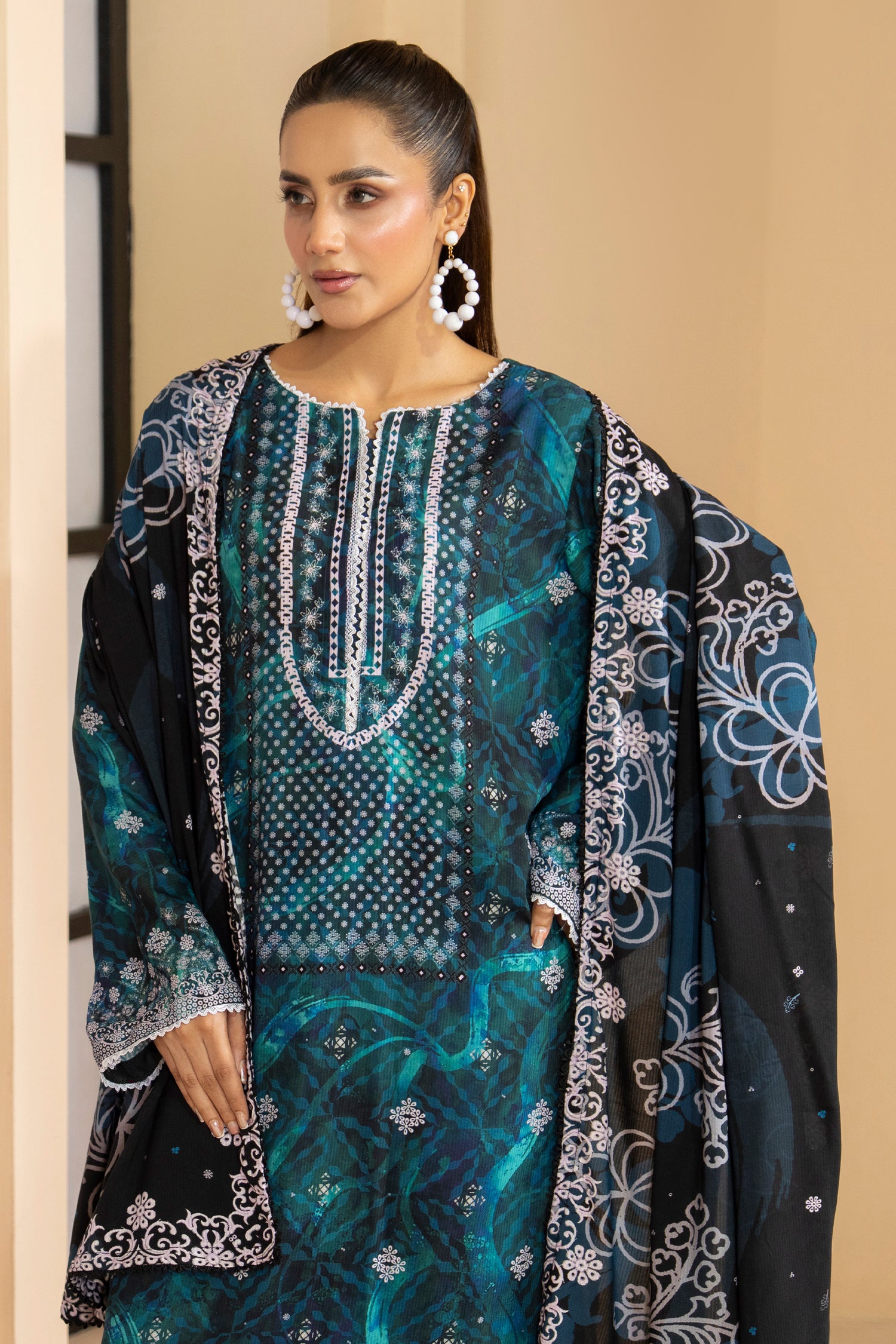 3 Piece Unstitched Sea Green Printed Linen - W25CF1V1-S1 - JACQUARD CLOTHING