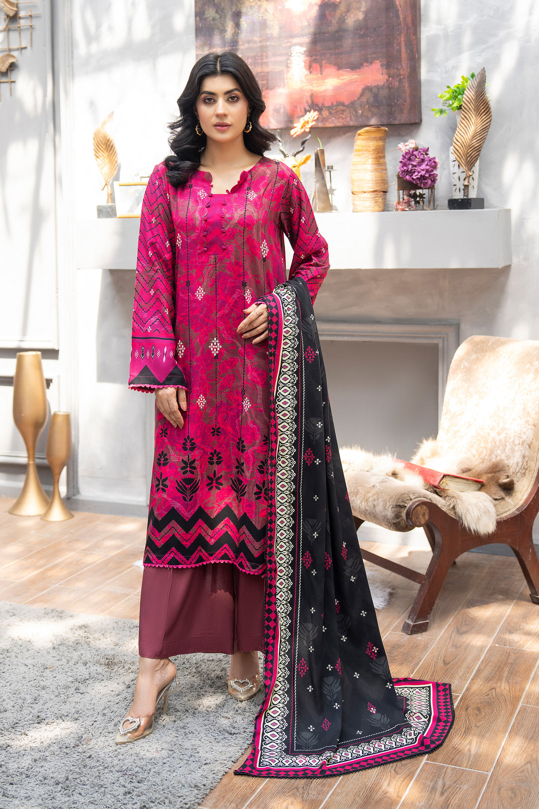 3 Piece Unstitched Shocking Pink Premium Linen - W25CF1V4-S8 - JACQUARD CLOTHING