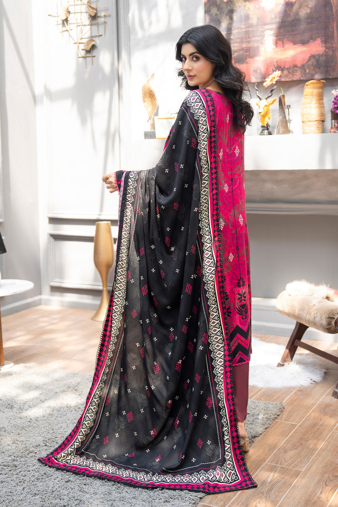 3 Piece Unstitched Shocking Pink Premium Linen - W25CF1V4-S8 - JACQUARD CLOTHING