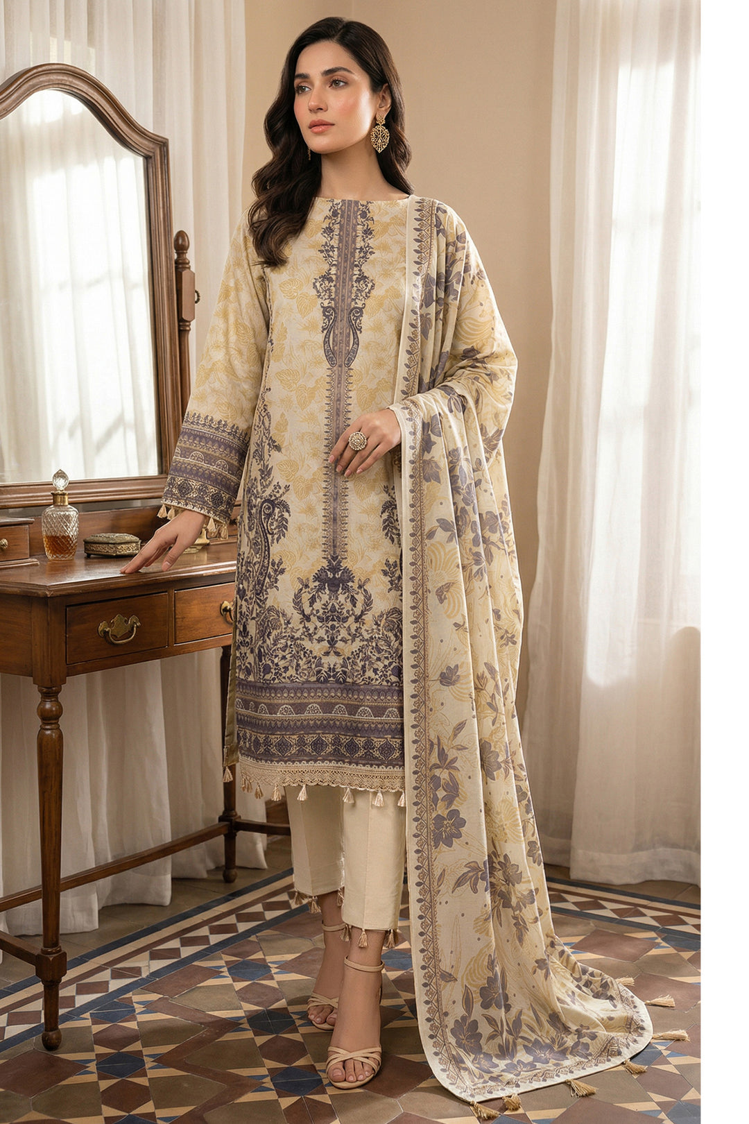 3 Piece Unstitched Tan Premium Printed Lawn Suit - Jacquard Soha Afreen Summer 2026 Collection