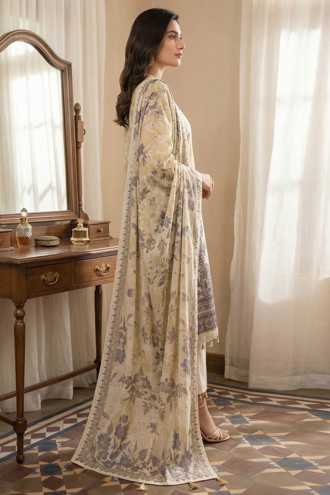 3 Piece Unstitched Tan Premium Printed Lawn Suit - Jacquard Soha Afreen Summer 2026 Collection