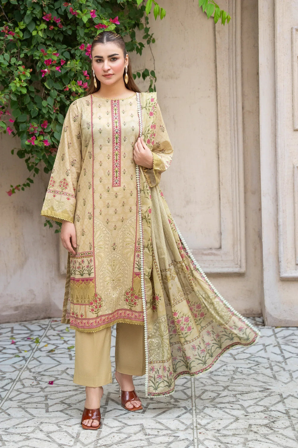 3 Piece Unstitched Tan Premium Printed Lawn - Jacquard Clothing