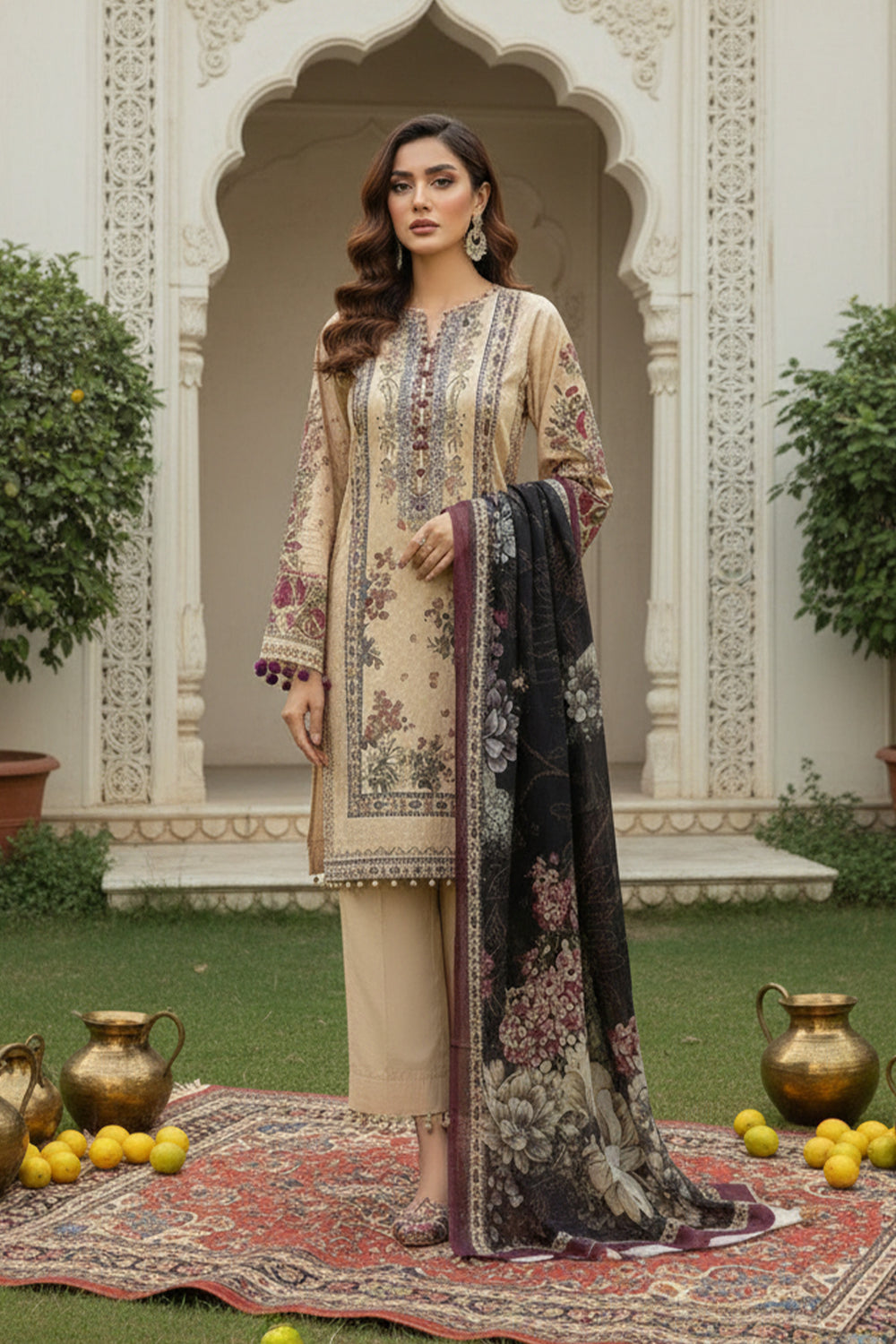 3 Piece Unstitched Tan Premium Printed Lawn Suit By Jacquard Clothing Summer 2026 Collection