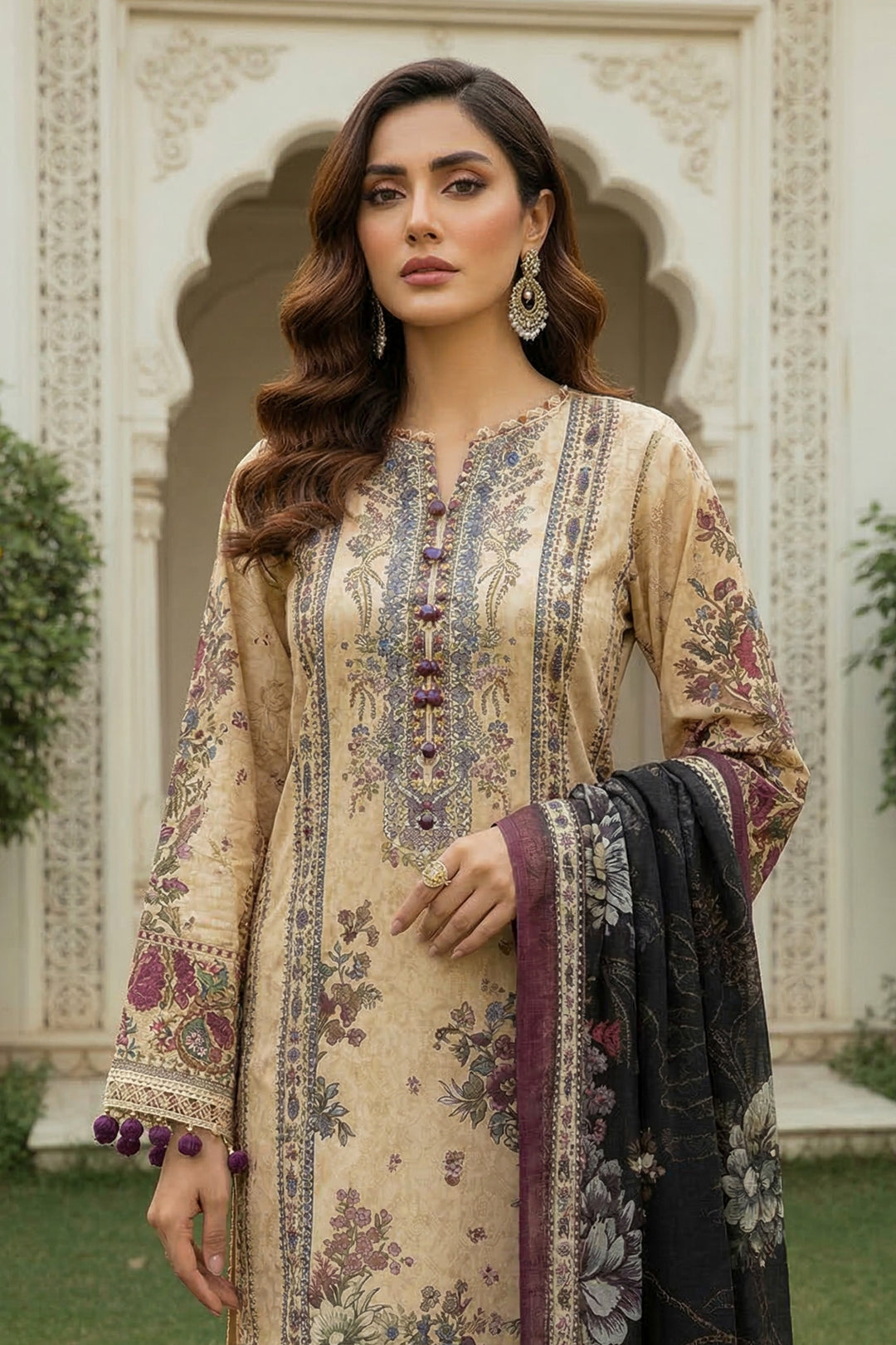 3 Piece Unstitched Tan Premium Printed Lawn Suit By Jacquard Clothing Summer 2026 Collection