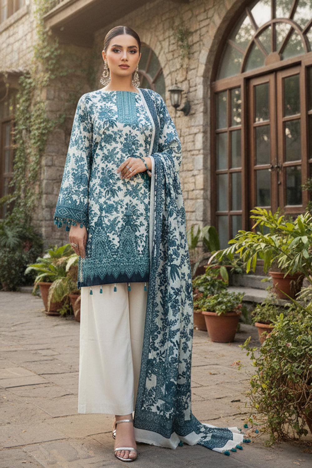 3 Piece Unstitched Teal Blue Premium Printed Lawn