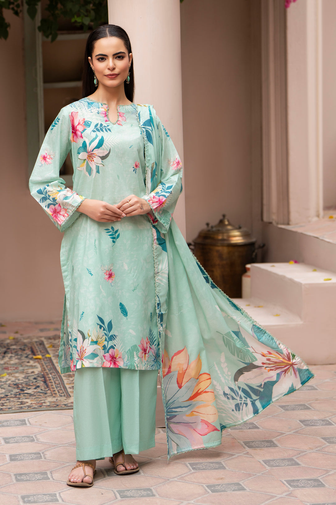 3 Piece Unstitched Teal Lawn - SU25V22-S6 - JAQUARD CLOTHING