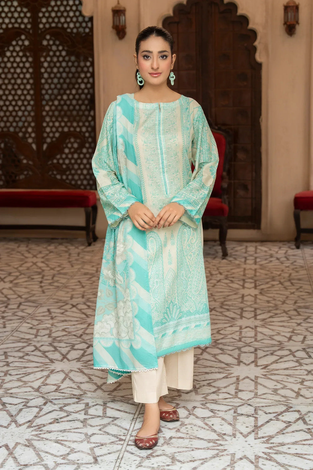 3 Piece Unstitched Tiffany Blue Premium Printed Lawn - Jacquard Clothing