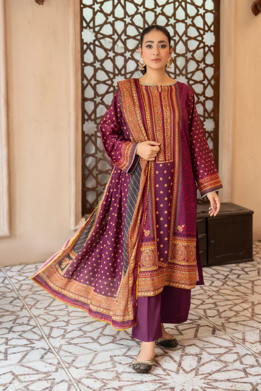 3 Piece Unstitched Tyrian Purple Premium Printed Law Suit - Jacquard Clothing Summer 2026