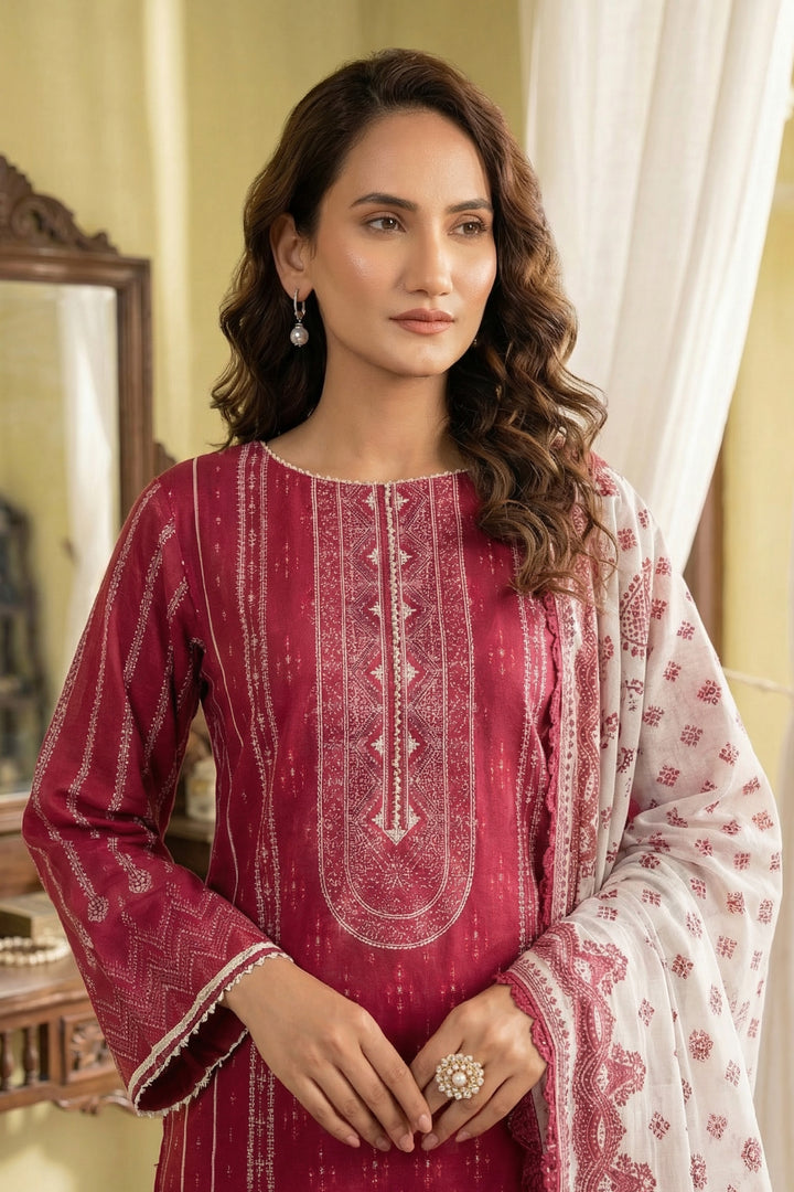 3 Piece Unstitched Vivid Burgundy Premium Printed Lawn Suit - Jacquard Soha Afreen Summer 2026 Collection