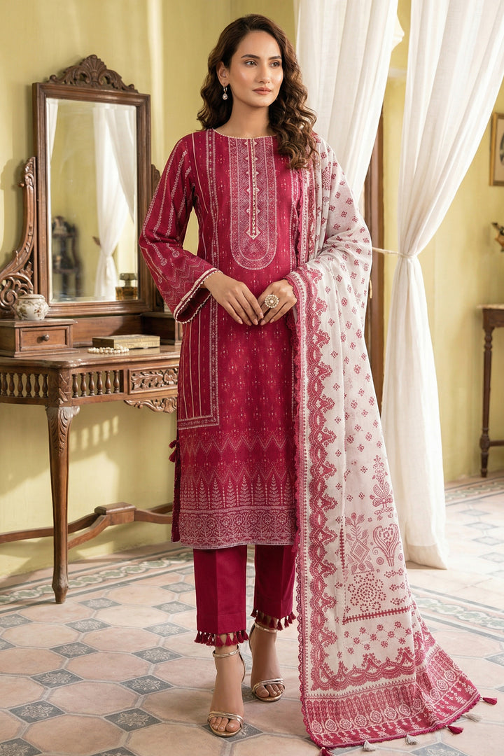3 Piece Unstitched Vivid Burgundy Premium Printed Lawn Suit - Jacquard Soha Afreen Summer 2026 Collection