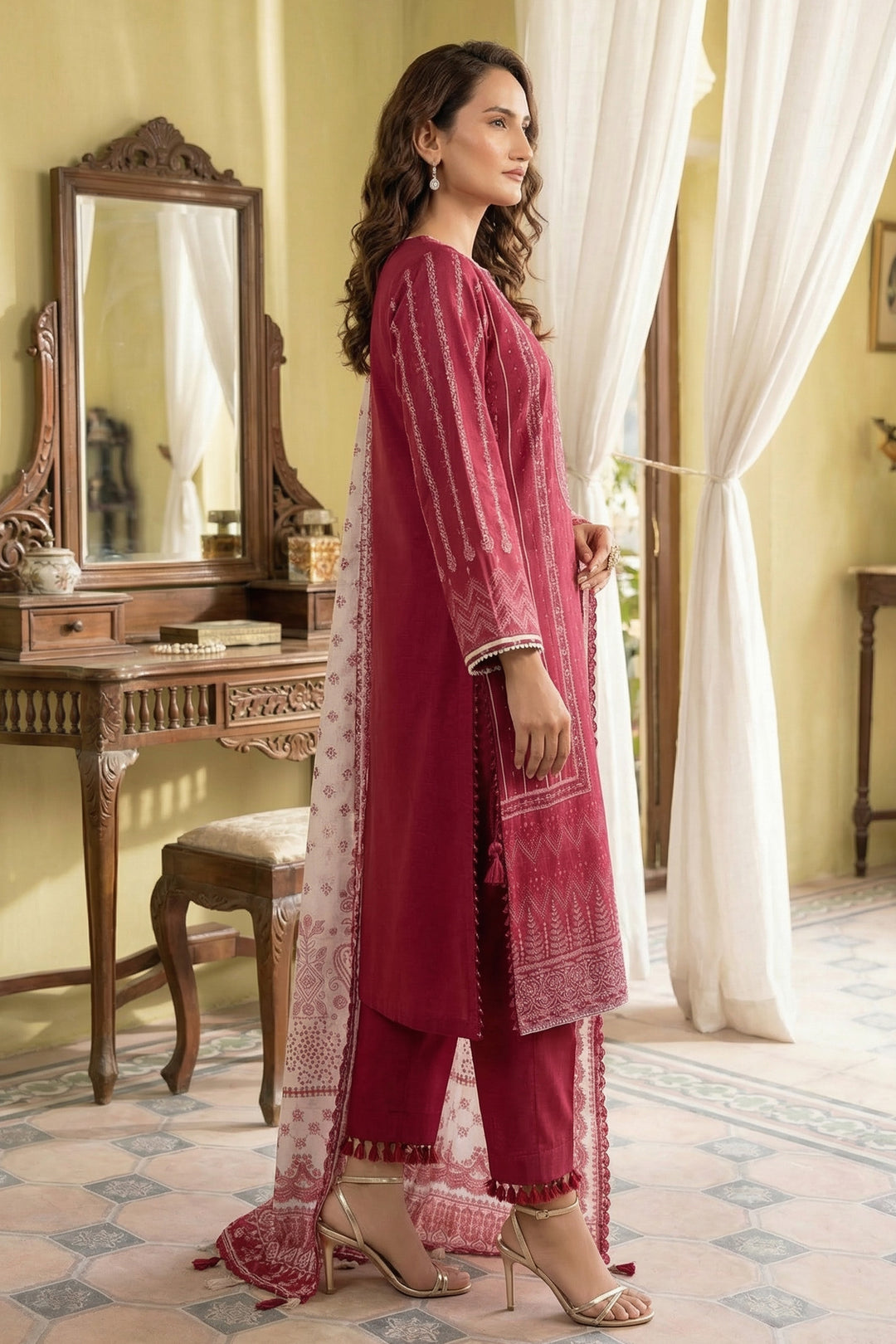 3 Piece Unstitched Vivid Burgundy Premium Printed Lawn Suit - Jacquard Soha Afreen Summer 2026 Collection