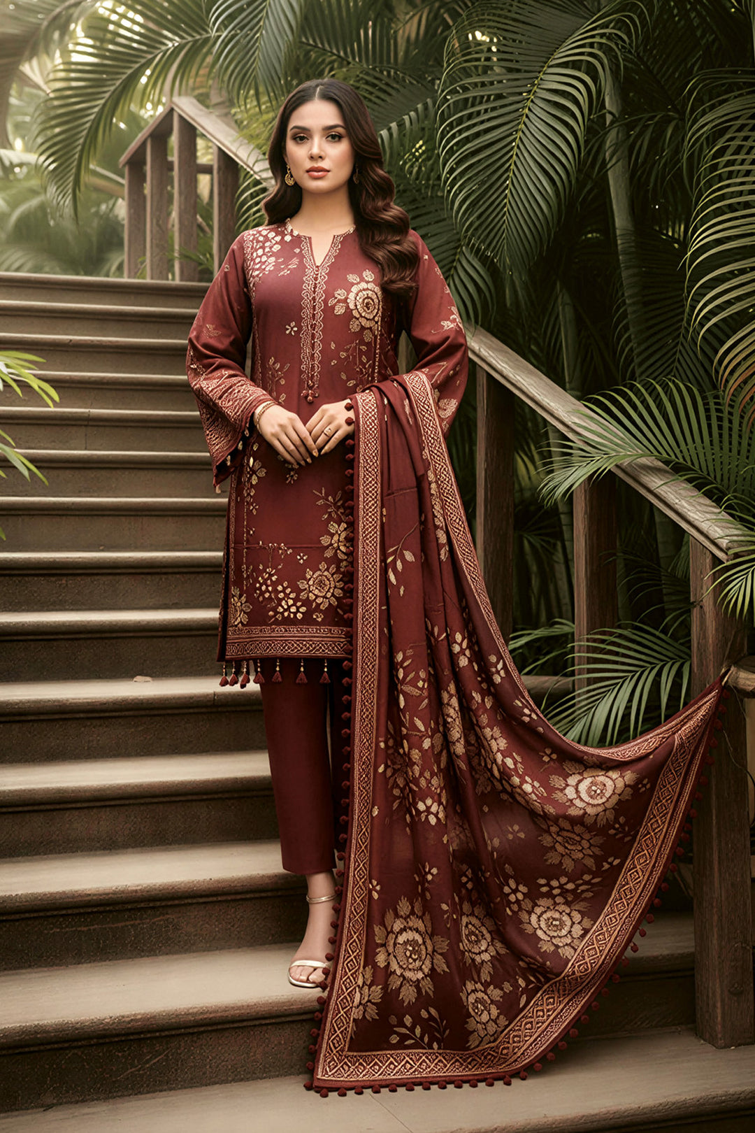 3 Piece Unstitched Wine Premium Printed Lawn Suit By Jacquard Clothing Summer 2026 Collection