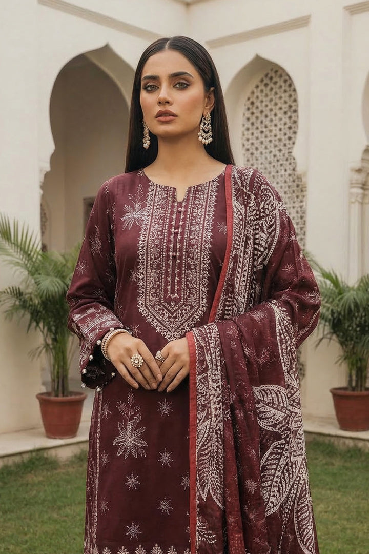 3 Piece Unstitched Wine Premium Printed Lawn Suit By Jacquard Clothing Summer 2026 Collection