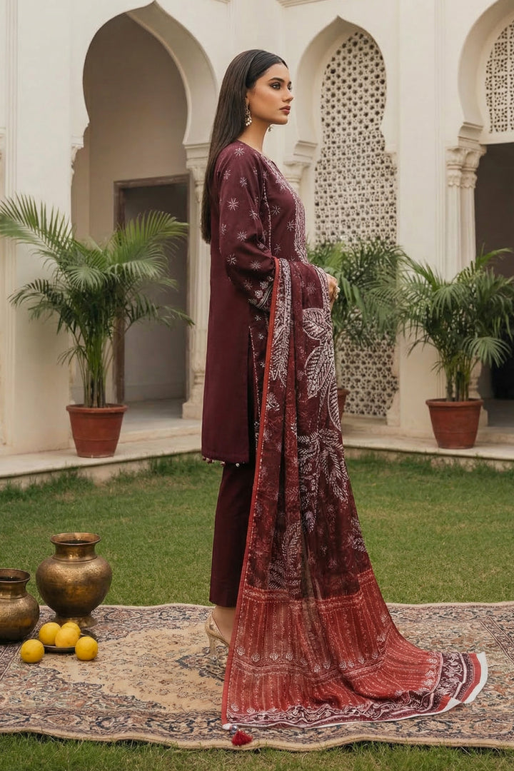 3 Piece Unstitched Wine Premium Printed Lawn Suit By Jacquard Clothing Summer 2026 Collection