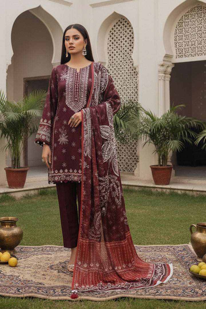 3 Piece Unstitched Wine Premium Printed Lawn Suit By Jacquard Clothing Summer 2026 Collection