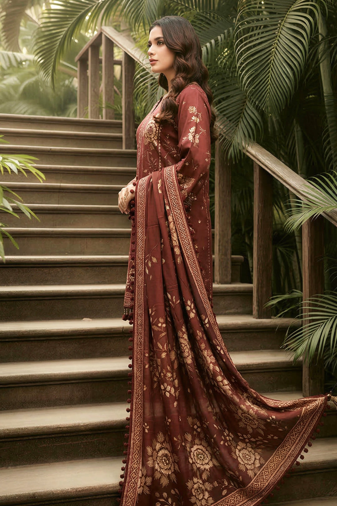 3 Piece Unstitched Wine Premium Printed Lawn Suit By Jacquard Clothing Summer 2026 Collection