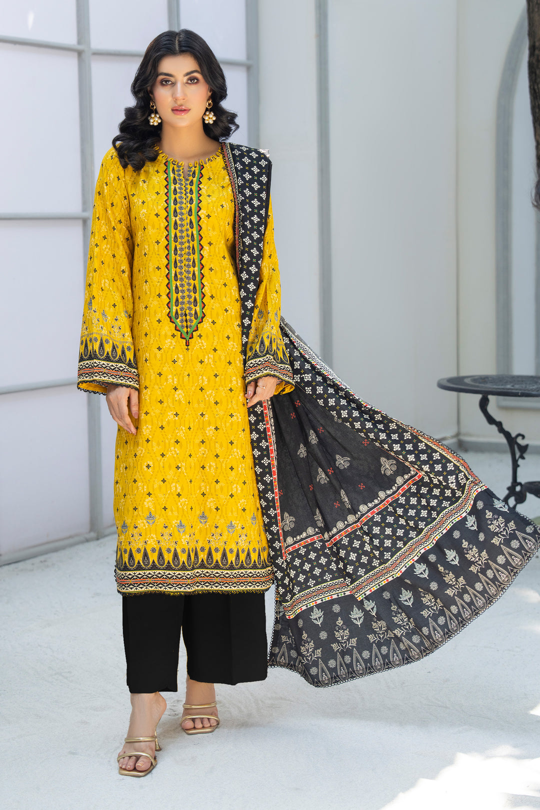 3 Piece Unstitched Yellow Premium Linen - W25CF1V4-S10 - JACQUARD CLOTHING